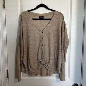 Urban Outfitters Beige Waffle Knit Knot-Front V-Neck Long Sleeve Top